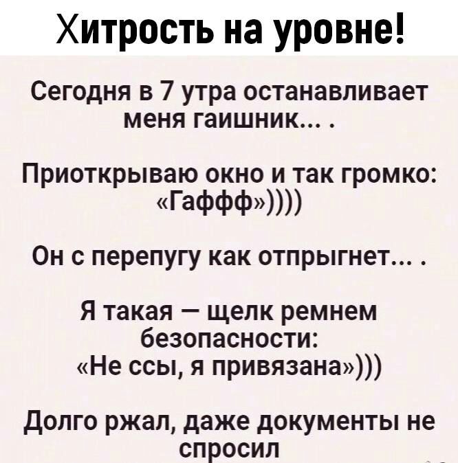 Хитрость на уровне Сегодня в 7 утра останавливает меня гаишник ПРИОТКРЫВЗЮ ОКНО И ТЗК громко ГаФФФ Он с перепугу как отпрыгнет Я такая щепк ремнем безопасности Не ссы я привязана долго ржал даже документы не спросил