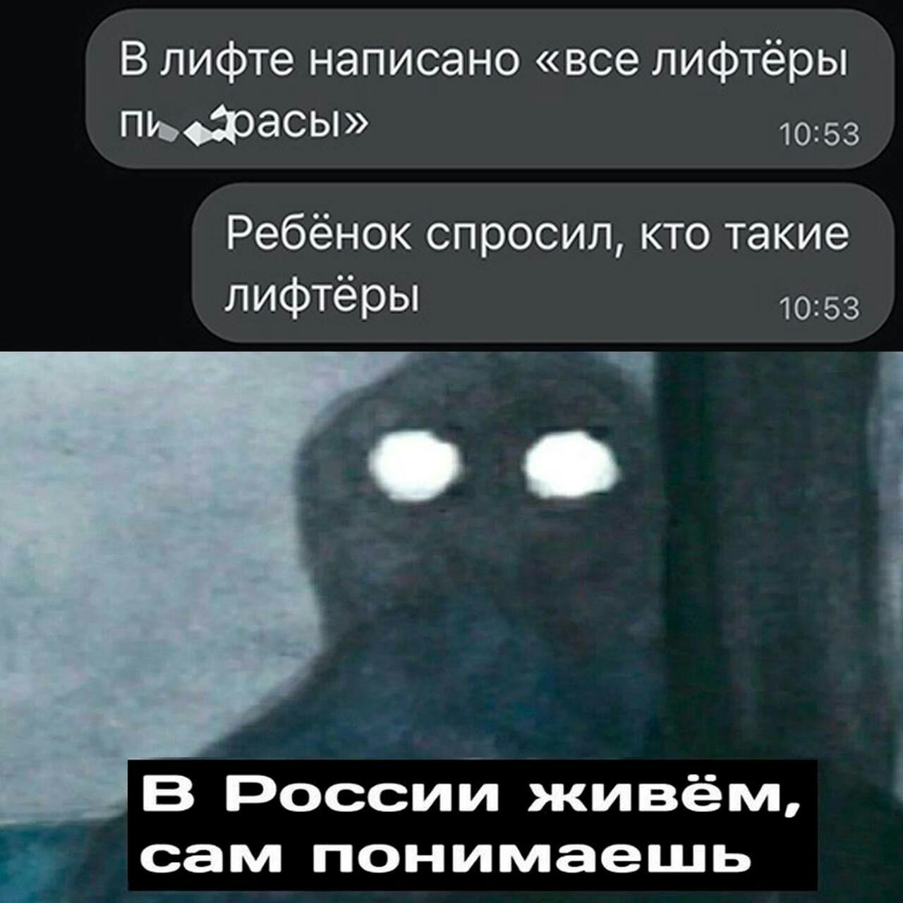 В лифте написано все лифтёры пьфасы 1053 Ребёнок спросил кто такие пифтёры 1053 В России живём сам понимаешь