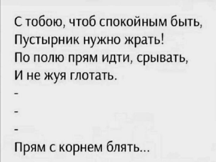 С тобою чтоб спокойным быть Пустырник нужно жрать По полю прям идти срывать И не куя глотать Прям с корнем блять