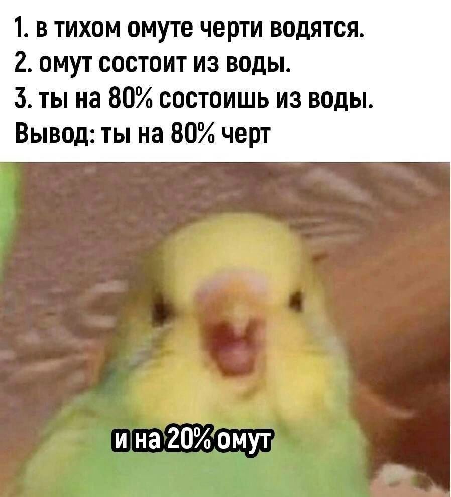 1 в тихом омуте черти водятся 2 омут состоит из воды 3 ты на 00 состоишь из воды Вывод ты на 80 черт и на 20 омут