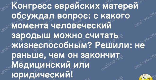 Конгресс еврейских матерей обсуждал вопрос с какого момента человеческий зародыш можно считать жизнеспособным Решили не раньше чем он закончит Медицинский или юридический А