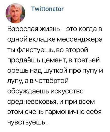 Тшіпопатог Взрослая жизнь это когда в одной вкладке мессенджера ты фпиртуешь во второй продаёшь цемент в третьей орёшь над шуткой про пупу и лупу а в четвёртой обсуждаешь искусство средневековья и при всем этом очень гармонично себя чувствуешь