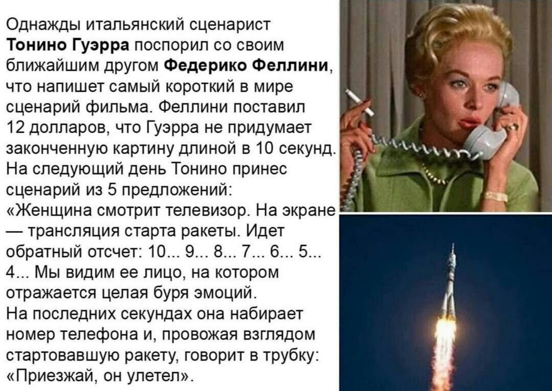однажды итапьяипкий сценарист Тацит гуерре паспприп сп вашим ближайшим другом Федерико Феллиии что напишет самый илршиии в мире сценарий Фильма Феллини поставил 2 дллларла что Гуэрра не придумает заканченную картину шиной 510 секуид На следующий день Таииип лрииес сценарий из 5 прешшжений иЖеищина смотрит гелевизпр На экране таиспіция паша Ракеш Идет вбратиыи Мече о в в 7 5 5 4 Мы видим ее пицо ие