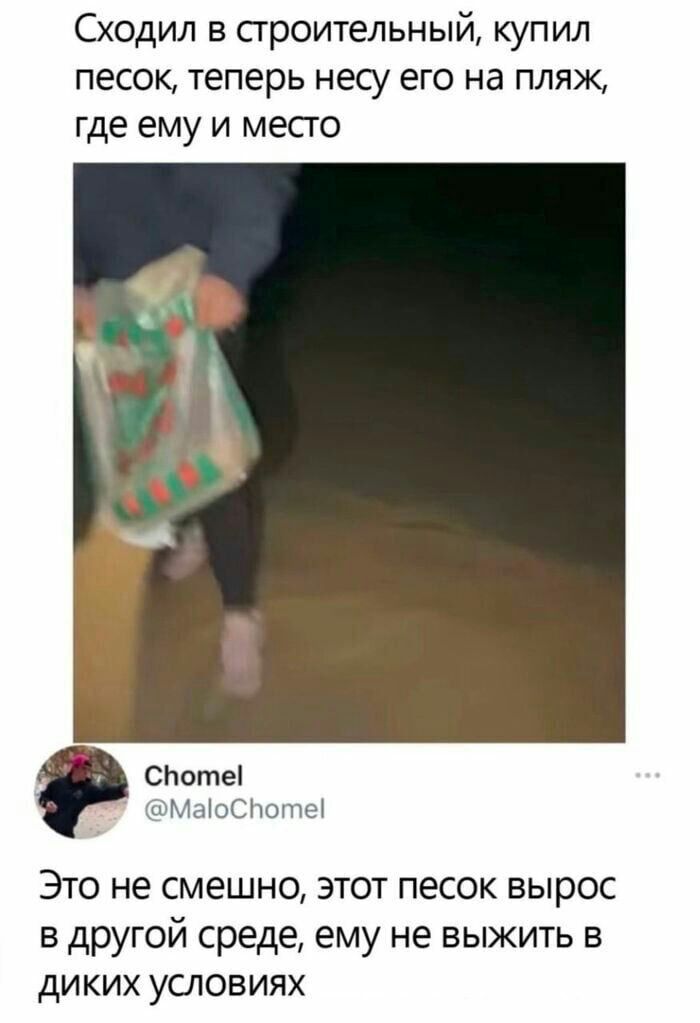 Сходил в строительный купил песок теперь несу его на пляж где ему и мест споты МЦШП ющ Это не смешно этот песок вырос в другой среде ему не выжить в диких условиях