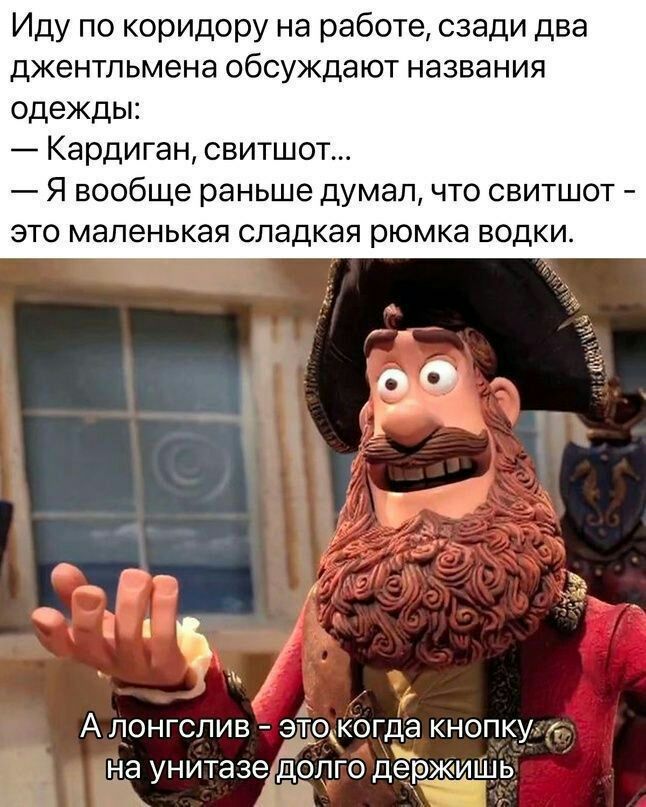 Иду по коридору на работе сзади два джентльмена обсуждают НЭЗВЗНИЯ одежды Кардиган свитшот Я вообще раньше думалчто свитшот это маленькая сладкая рюмка водки А понгспив зтдкогда кнопку на унитазадопго держишь