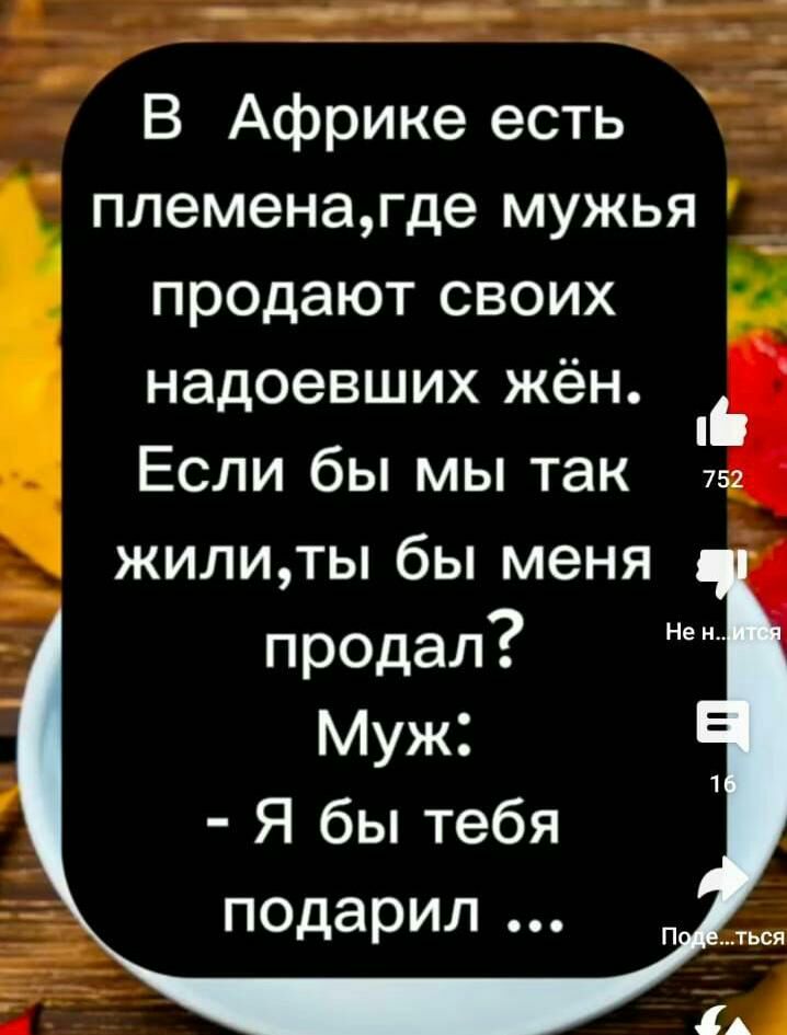 ___ ___ ч В Африке есть племенагде мужья _ продают своих надоевших жён _ Если бы мы так 753 жилиты бы меня продал Муж Я бы тебя подарил