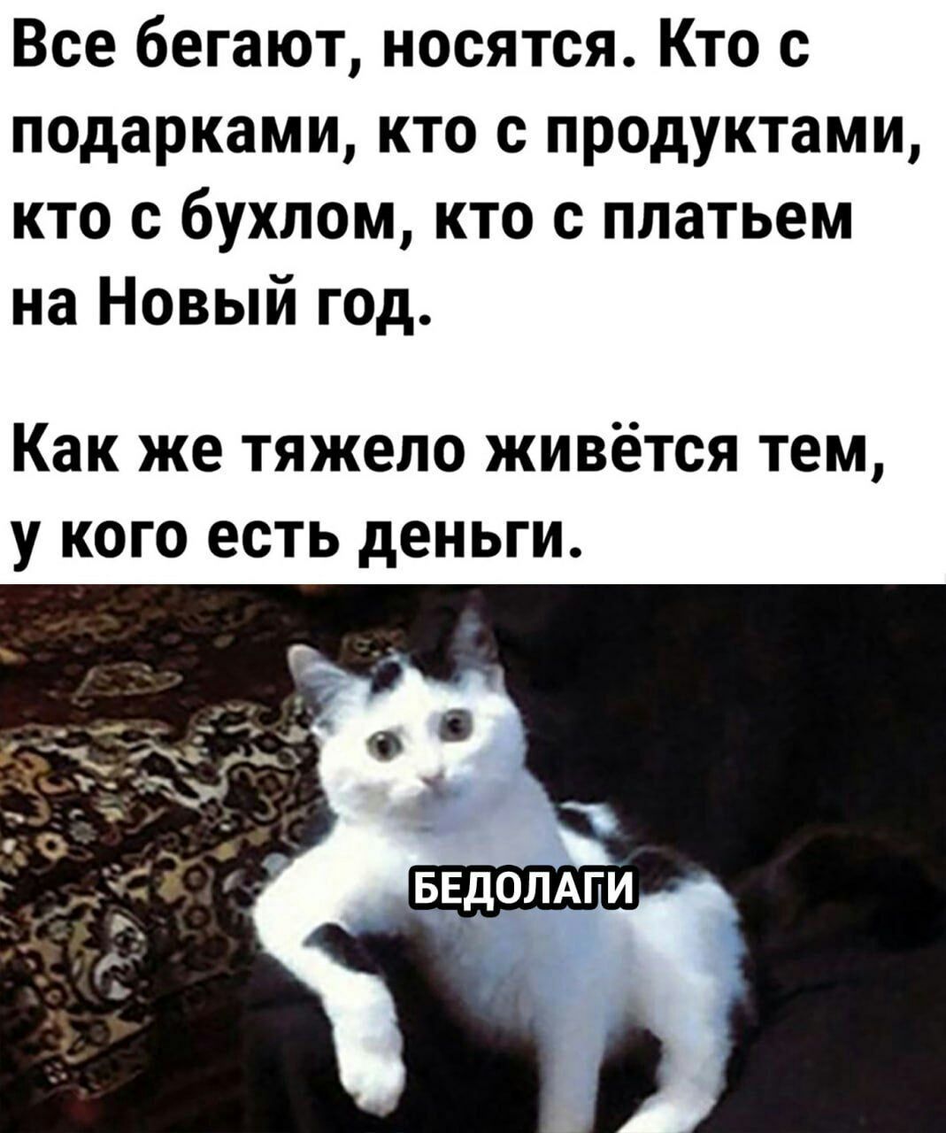 Все бегают носятся Кто с подарками кто с продуктами кто с бухлом кто платьем на Новый год Как же тяжело живётся тем у кого есть деньги