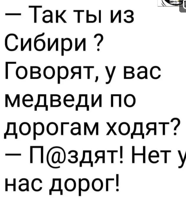 Так ты из Ч Сибири Говорят у вас медведи по дорогам ходят Пздят Нету нас дорог