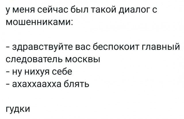 у меня сейчас был такой диалог с мошенниками здравствуйте вас беспокоит главный следователь москвы ну нихуя себе ахаххаахха блять гудки
