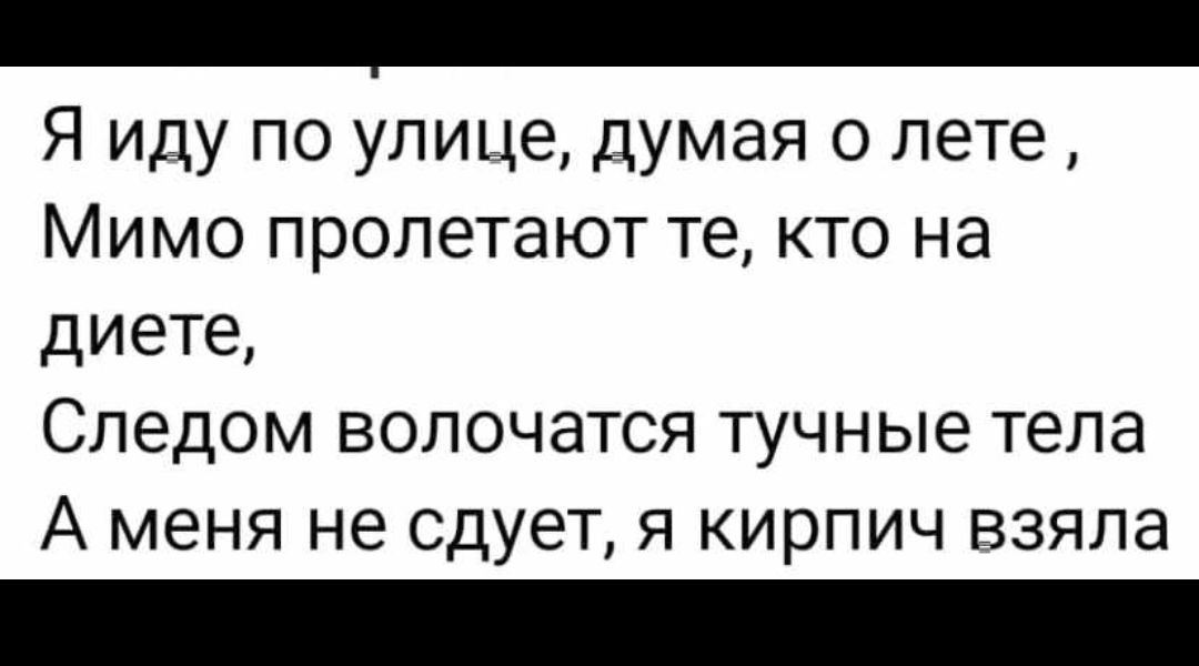 Я иду по улице думая о лете Мимо пролетают те кто на диете Следом вопочатся тучные тела А меня не сдует я кирпич взяла