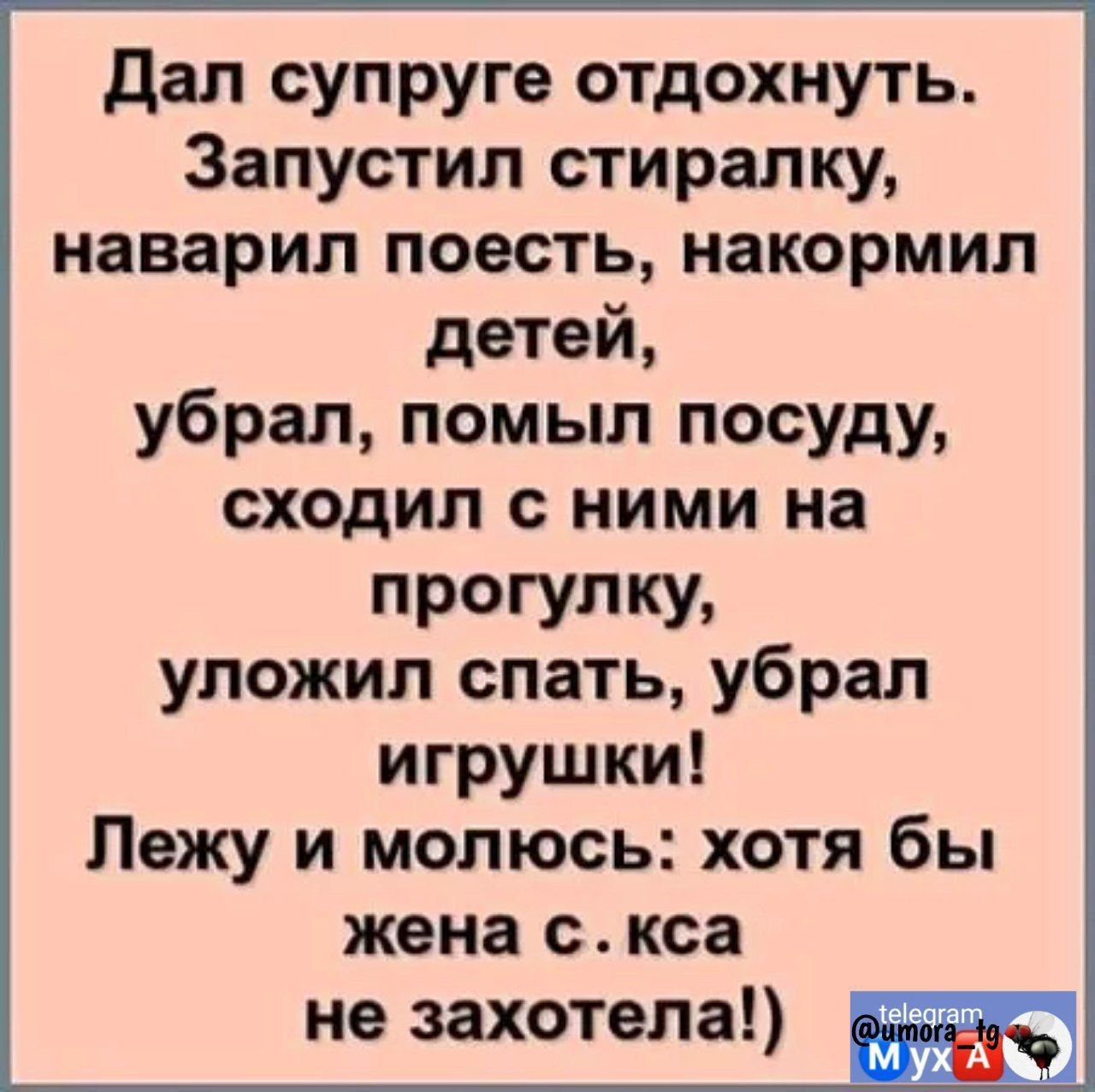 дал супруге отдохнуть Запустил стиралку наварил поесть накормил детей убрал помыл посуду сходил с ними на прогулку уложил спать убрал игрушки Лежу и молюсь хотя бы жена с кса не захотела