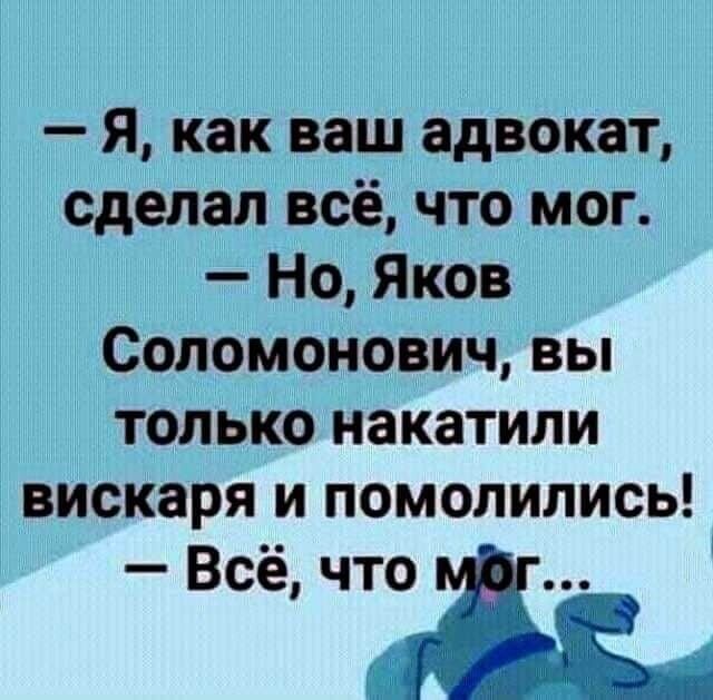 Я как ваш адвокат сделал всё что мог Но Яков Соломонович вы только накатили вискаря и помолились Всё что