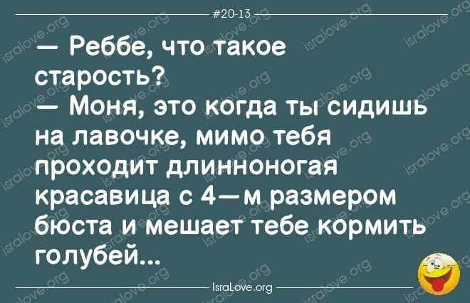 _ по п Реббе что такое старость Моня это когда ты сидишь на лавочке мимо тебя проходит длинноногая красавица с 4м размером бюста и мешает тебе кормить голубей __