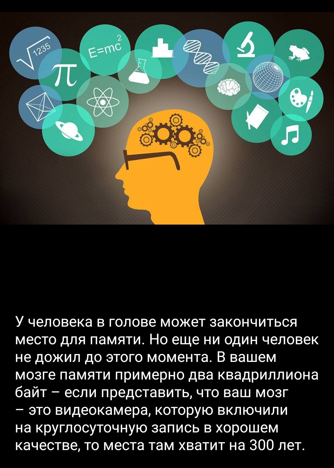 У человека в голове может закончиться место для памяти Но еще ни один человек не дожил до этого момента В вашем мозге памяти примерно два квадрилпиона байт если представить что ваш мозг это видеокамера которую включили на круглосуточную запись в хорошем качестве то места там хватит на 300 пет