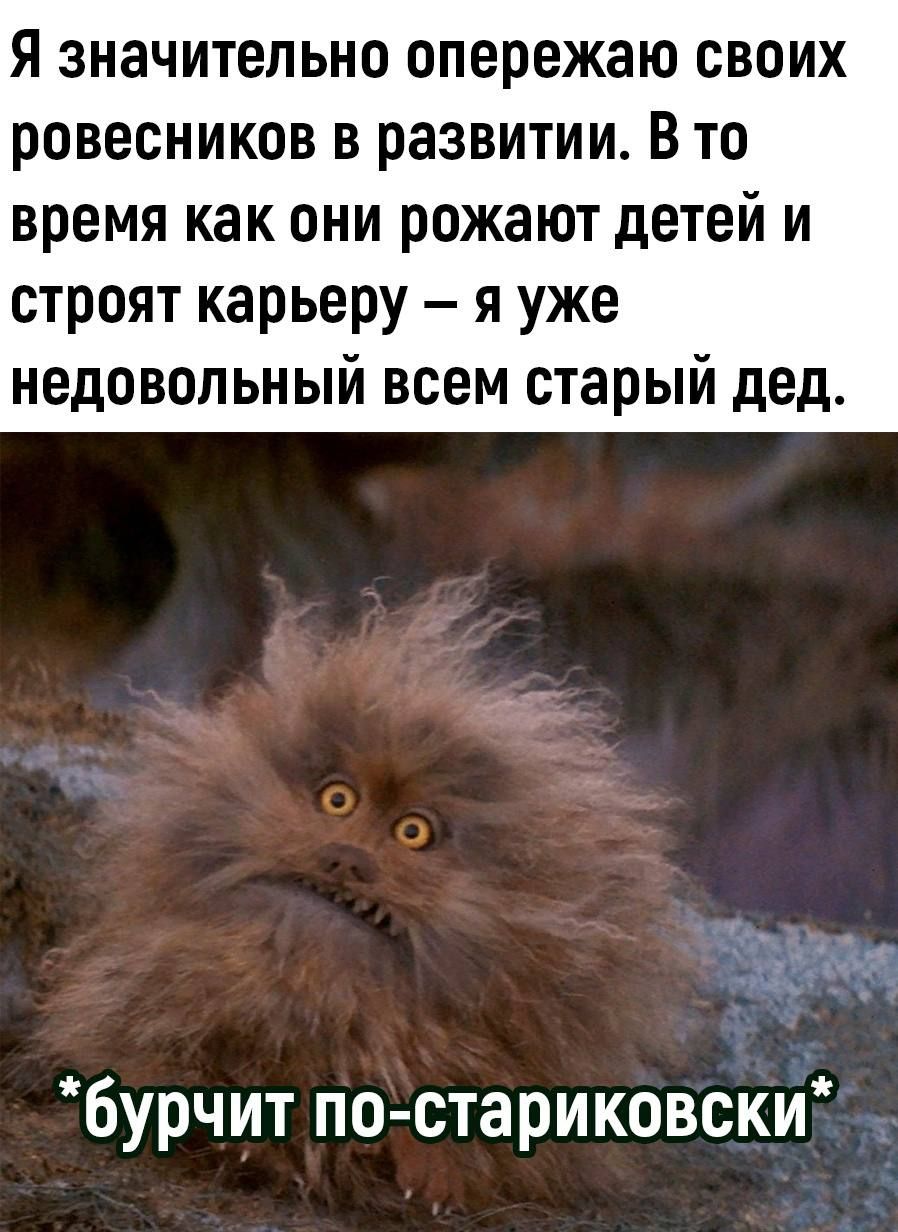 я ЗНЗЧИТЕЛЬНО ОПЕРЕЖЗЮ СВОИХ РОВЕСНИКОВ В развитии В ТО время как они рожают детей и строят карьеру я уже недовольный всем старый дед бурчит по стариковски