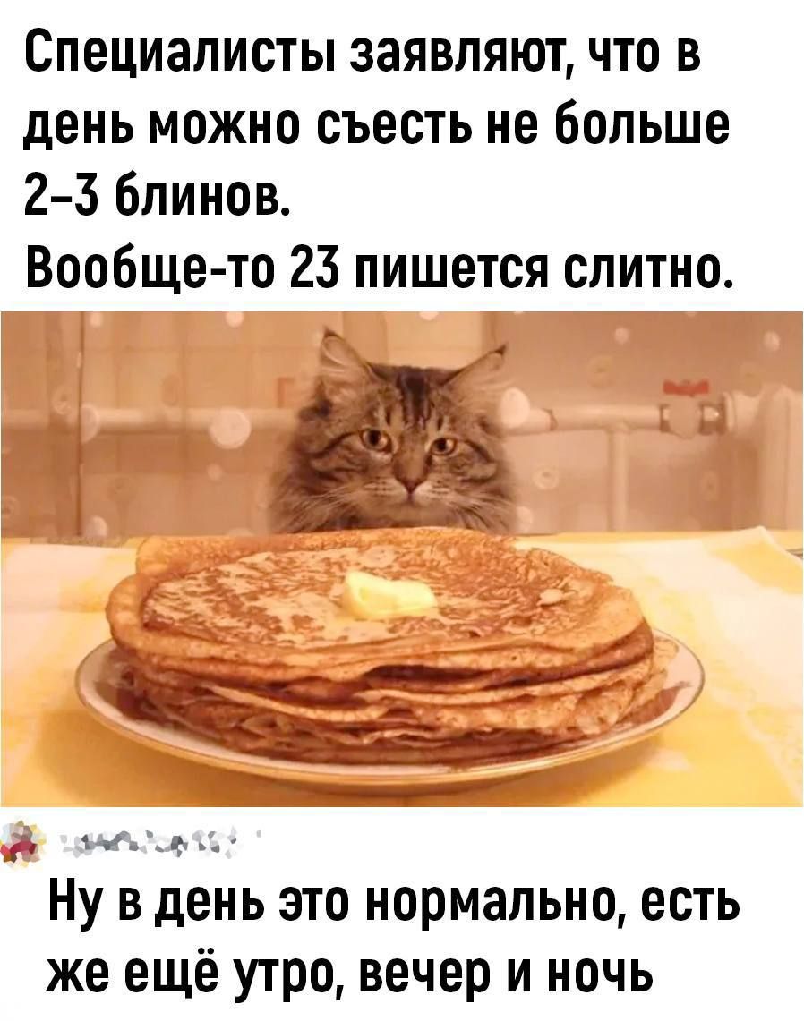 специалисты заявляют ЧТО В день можно съесть не больше 23 блинов Вообще то 23 пишется слитно Ну в день это нормально есть же ещё утро вечер и ночь