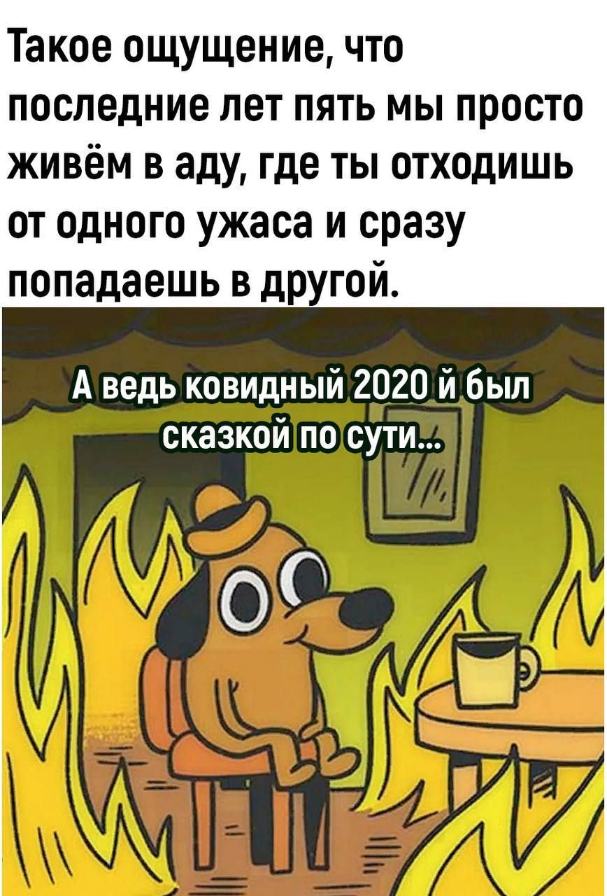 Такое ощущение ЧТО последние ЛЕТ ПЯТЬ МЫ ПРОСТО живём в аду где ты отходишь от одного ужаса и сразу попадаешь в другой А ведь ковидный 2020 И был сказкой по сути 00