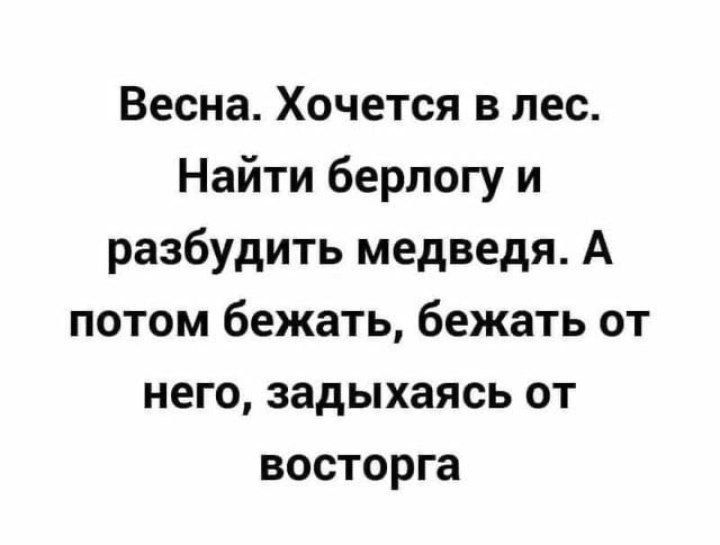 Весна Хочется в лес Найти берлогу и разбудить медведя А потом бежать бежать от него задыхаясь от восторга