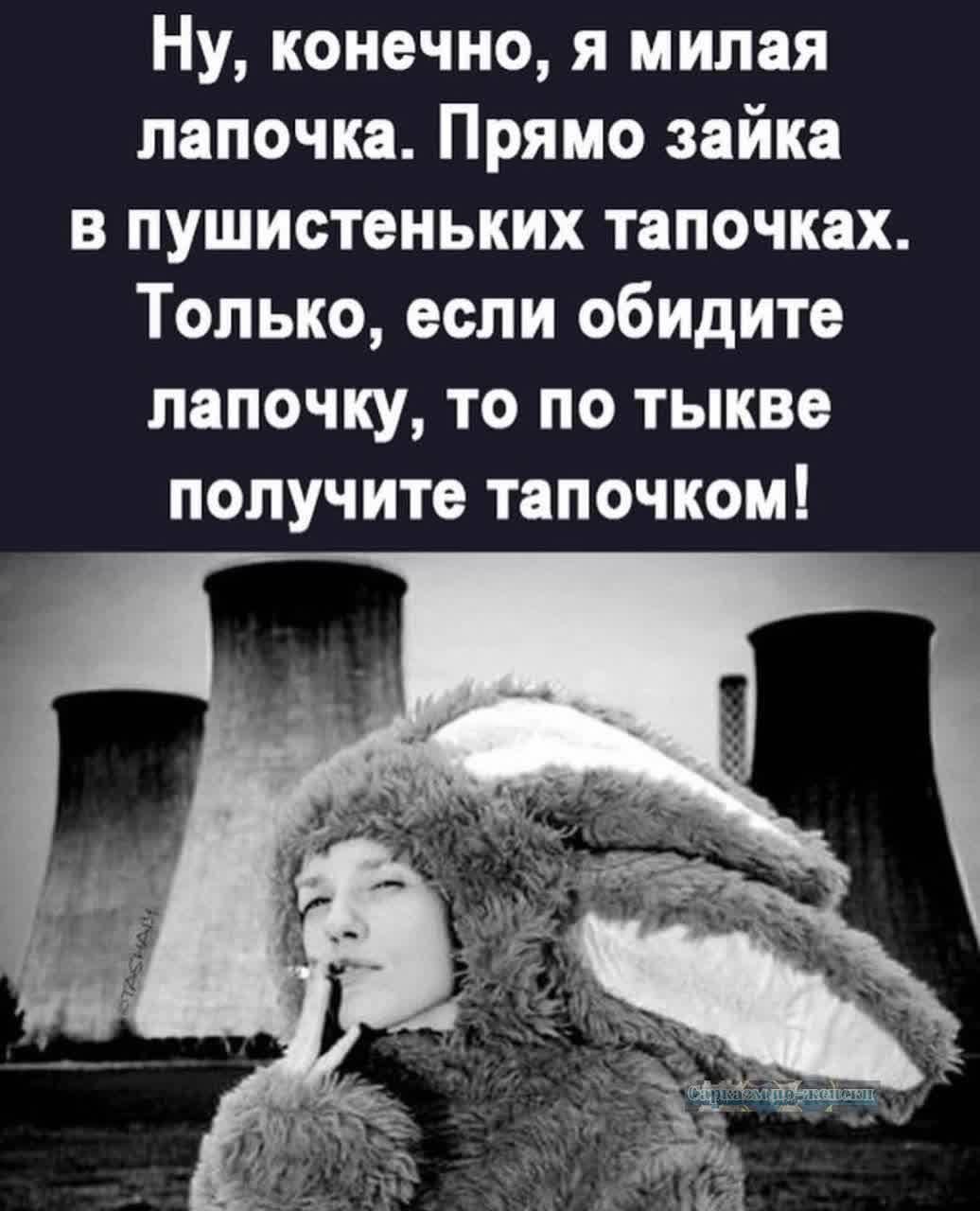 Ну конечно я милая лапочка Прямо зайка в пушистеньких тапочках Только если обидите ПЗПОЧКУ ТО ПО ТЫКВЕ получите ТЕПОЧКОМ