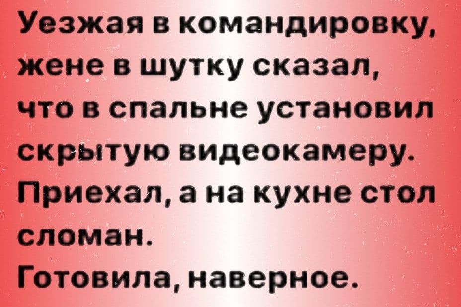 Уезжая командировку жене в шутку сказал что в спальне установил скрытую видеокамеру Приехал на кухне стоп сломан Готовипа наверное