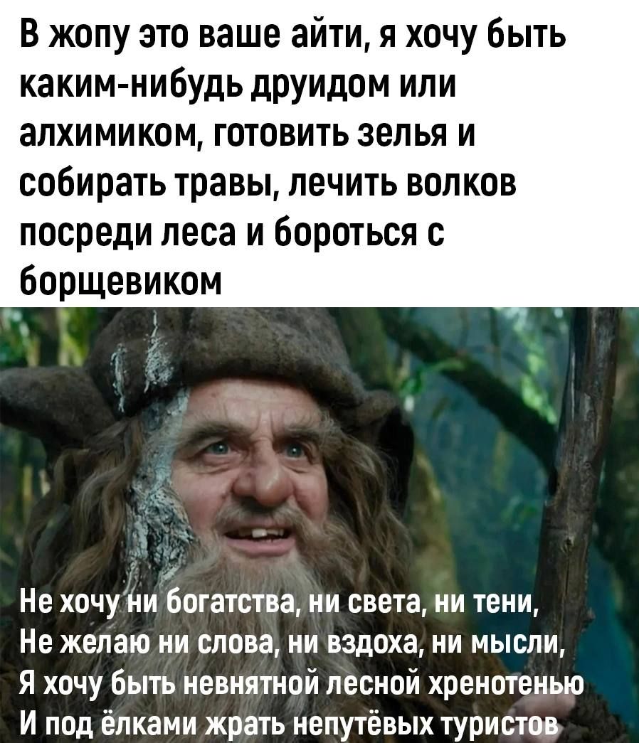 В жопу это ваше айти я хочу быть каким нибудь друидом или апхимиком готовить зелья и соби рать травы лечить волков посреди леса и бороться с борщевиком Не хочуни Богатства ни света ии тени Не желаю ни слова ии вздоха ни мысли Я хочу быть иевиятиой лесной хренотеиью И под ёпками жрать непутёвых туристов