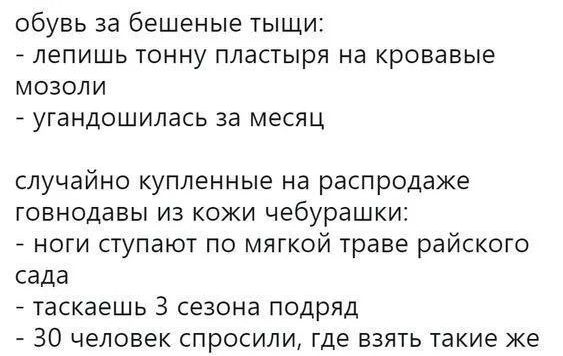 обувь за бешеные тыщи лепишь тонну пластыря на кровавые мозоли угандошилась за месяц случайно купленные на распродаже ГОВНОДЗВЫ ИЗ КОЖИ чебурашки ноги ступают по мягкой траве райского сада таскаешь 3 сезона подряд 7 30 человек спросили где взять такие же