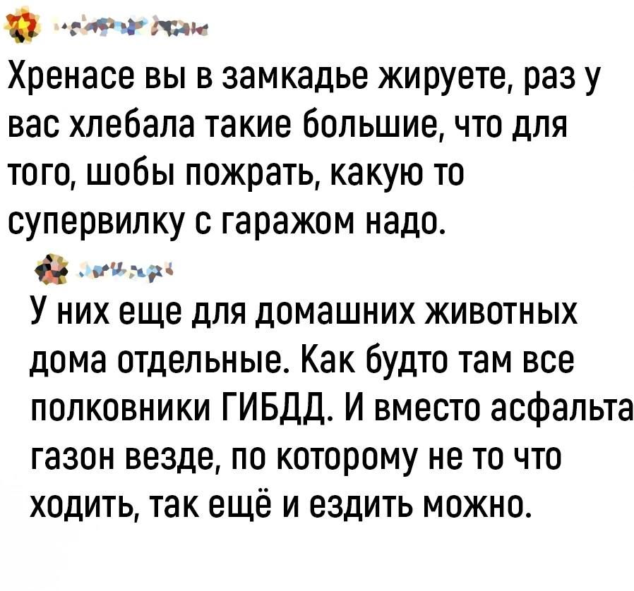 44 ч и Хренасе вы в замкадье жируете раз у вас хлебапа такие большие что для того шобы пожрать какую то супервилку с гаражом надо а У них еще для домашних животных дома отдельные Как будто там все полковники ГИБДД И вместо асфальта газон везде по которому не то что ходить так ещё и ездить можно