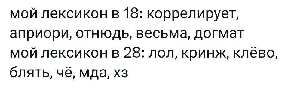 мой лексикон в 18 коррелирует априори отнюдь весьма догмат мой лексикон в 28 лол кринж клёво блять чё мда хз