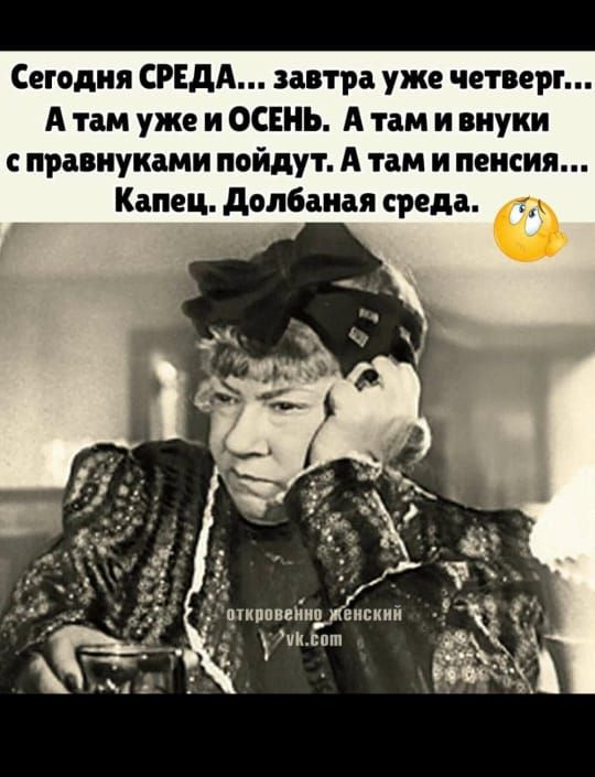Сегодня СРЕДА ивтра уже четверг А там уже и ОСЕНЬ А там и внуки правиуками пойдут А там и пенсии Капец дппбаиая среда кпппиииепсиии Мисти