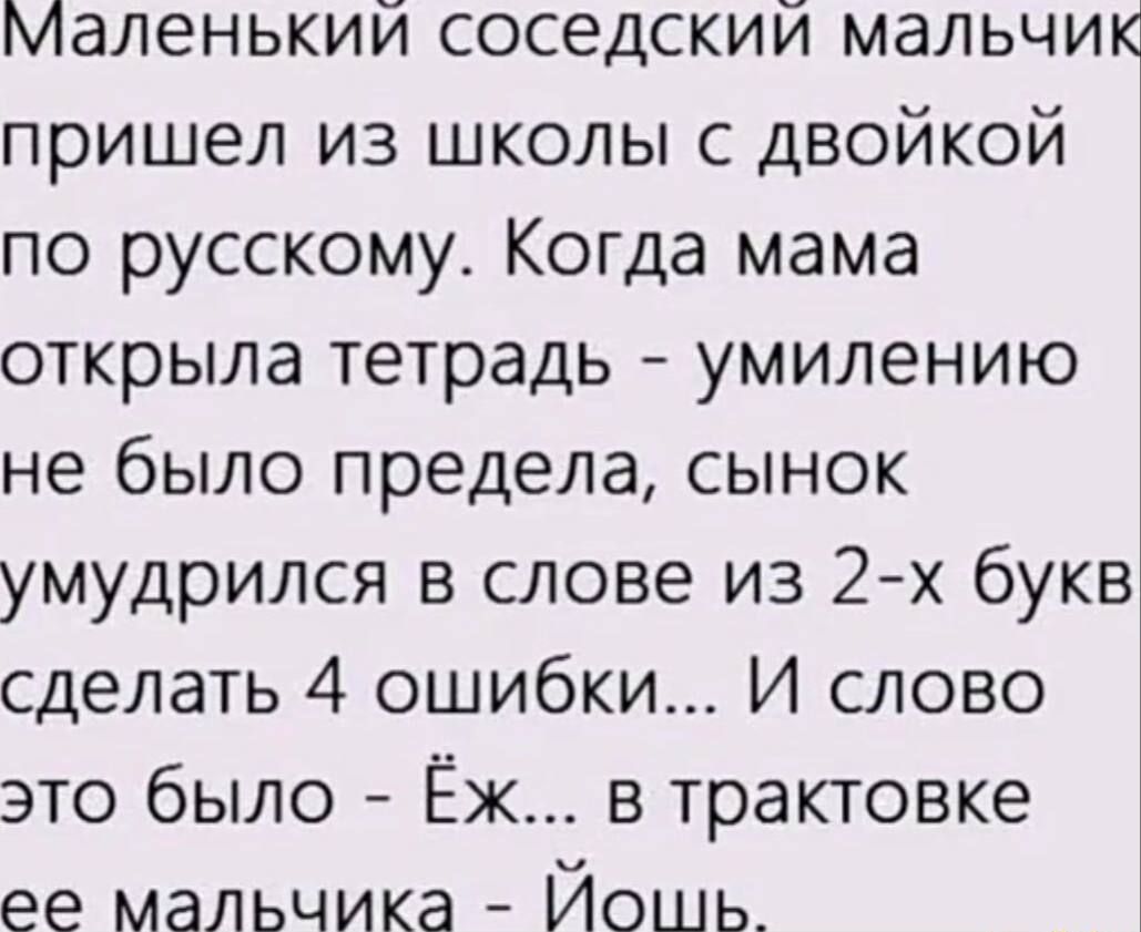 Маленькии соседский мальчик пришел из школы с двойкой по русскому Когда мама открыла тетрадь умилению не было предела сынок умудрился в слове из 2 х букв сделать 4 ошибки И слово это было Ёж в трактовке ее мальчика Йошь