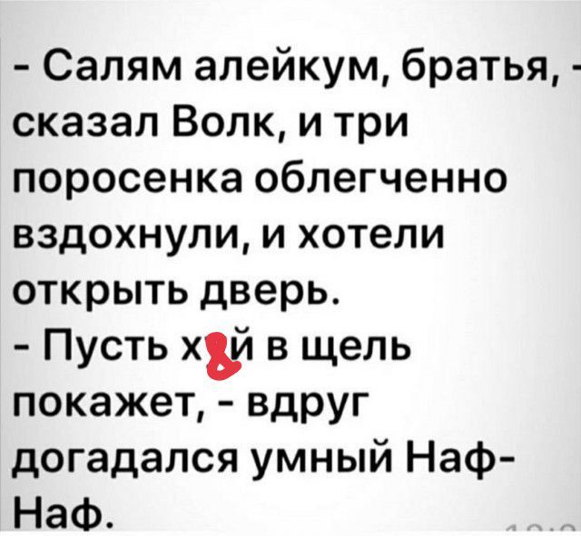 Салям алейкум братья сказал Волк и три поросенка облегченно вздохнули и хотели открыть дверь Пусть хй вщель покажет вдруг догадался умный Наф Наф