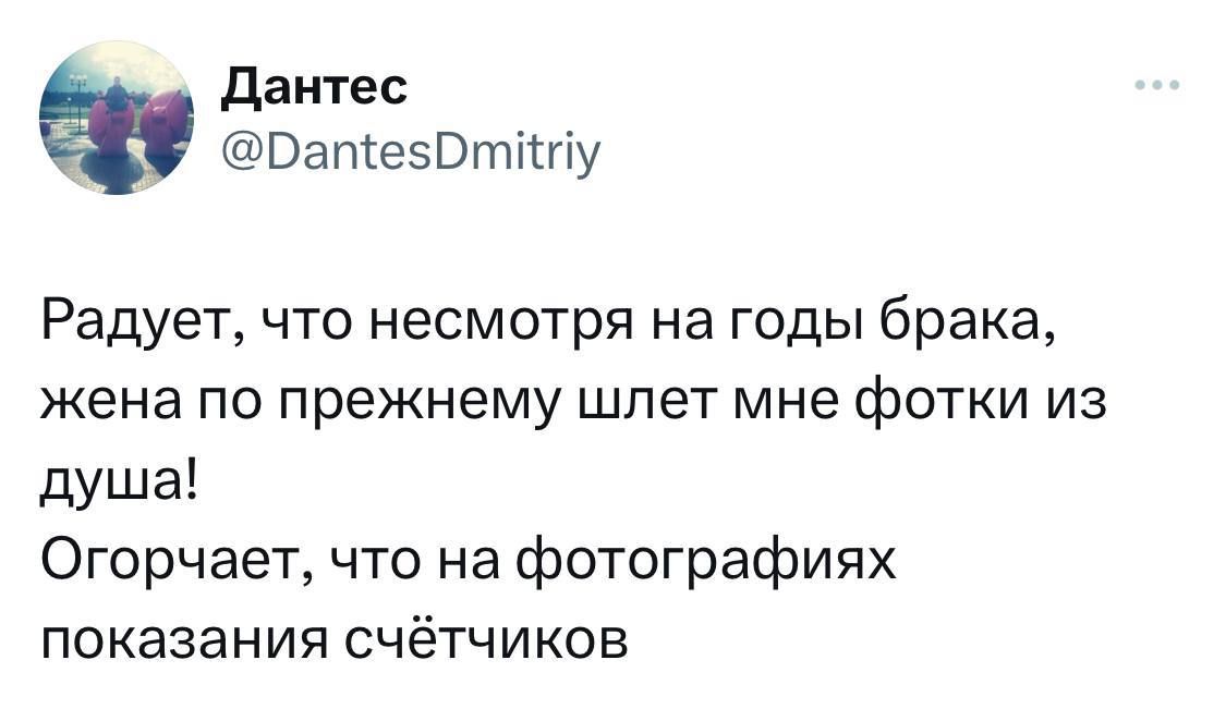 Дантес ВаМевВтіНіу Радует что несмотря на годы брака жена по прежнему шлет мне фотки из душа Огорчает что на фотографиях показания счётчиков