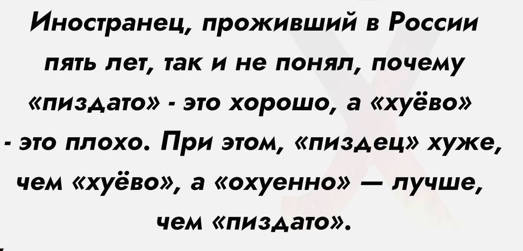Иностранец проживший в России пть неу так и не понял почему ЛИЗА ЭТО ЭГО ХОРОШО В хуёво ЭТО ПЛОХО При ЭТОМ ПИЗАЕЦ хуже чем хуёво а охуенно лучше чем пизАато