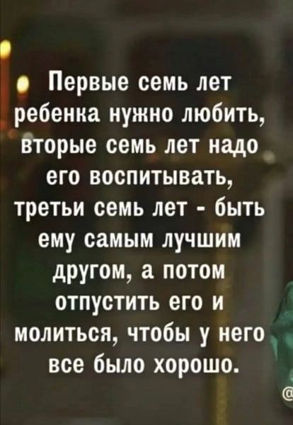 Первые семь лет ребенка нужно любить Вторые семь лет надо его воспитывать третьи семь лет быть ему самым лучшим другом а потом отпустить его и молиться чтобы у него все было хорошо