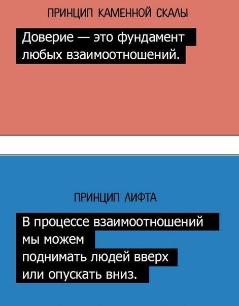 ПРИНЦИП КАМЕННОЙ СКАЛЫ Доверие это фундамент любых взаимоотношений ПРИНЦИП ЛИФТА В процессе взаимоотношений мы можем поднимать людей вверх или опускать вниз