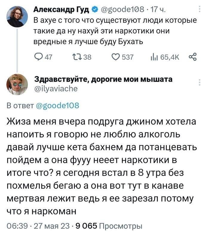 Александр Гуд вооде108 17 Ч В ахуе с того что существуют люди которые такие да ну нахуй эти наркотики они вредные я лучше буду Бухать ФР 1338 537 1 654К Здравствуйте дорогие мои мышата Пуамасне В ответ ооде108 Жиза меня вчера подруга джином хотела напоить я говорю не люблю алкоголь давай лучше кета бахнем да потанцевать пойдем а она фууу нееет нарк