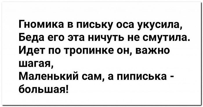 Гномика в письку оса укусила Беда его эта ничуть не смутила Идет по тропинке он важно шагая Маленький сам а пиписька большая