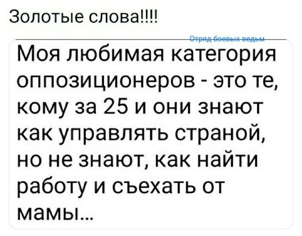 Золотые слова Моя любимая категория оппозиционеров это те кому за 25 и они знают как управлять страной но не знают как найти работу и съехать от мамы