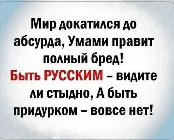 Мир докатился до абсурда Умами правит полный бред Быть РУССКИМ видите ли стыдно А быть придурком вовсе нет