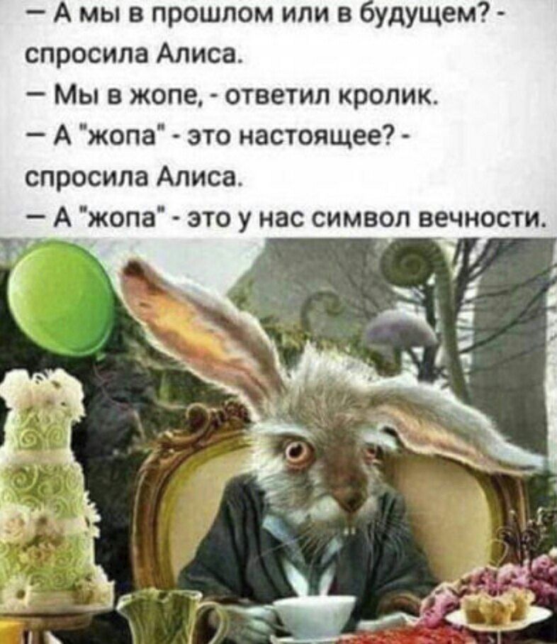 А мы в прошлом или в будущем спросила Алиса Мы в жопе ответил кролик А жопа это настоящее спросила Алиса А жопа это у нас символ вечност
