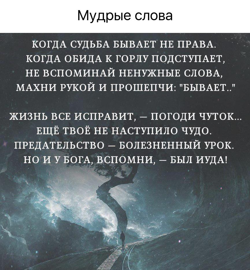 Мудрые слова КОГДА СУДЬБА БЫВАЕТ НЕ ПРАВА КОГДА ОБИДА К ГОРЛУ ПОДСТУПАЕТ НЕ ВСПОМИНАЙ НЕНУЖНЫЕ СЛОВА МАХНИ РУКОЙ И ПРОШЕПЧИ БЫВАЕТ ЖИЗНЬ ВСЕ ИСПРАВИТ ПОГОДИ ЧУТОК ЕЩЁ ТВОЁ НЕ НАСТУПИЛО ЧУДО ПРЕДАТЕЛЬСТВО БОЛЕЗНЕННЫЙ УРОК НО И УБОГА ВСПОМНИ БЫЛ ИУДА