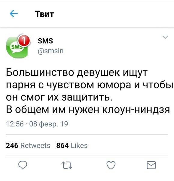 Большинство девушек ищут парня с чувством юмора и чтобы он смог их защитить В общем им нужен клоун ниндзя 1256 08 февр 19 246 Веумее5 864 ЦКе5 9 н 5