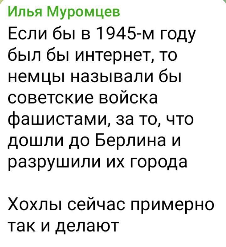 Илья Муромцев Если бы в 1945 м году был бы интернет то немцы называли бы советские войска фашистами за то что дошли до Берлина и разрушили их города Хохлы сейчас примерно так и делают