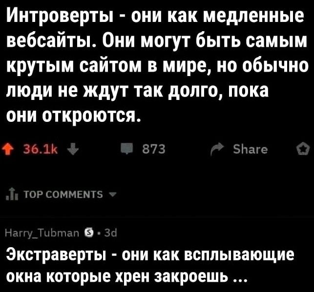 Интроверты - они как медленные вебсайты. Они могут быть самым крутым сайтом в мире, но обычно люди не ждут так долго, пока они откроются.

Экстраверты - они как всплывающие окна которые хрен закроешь ...