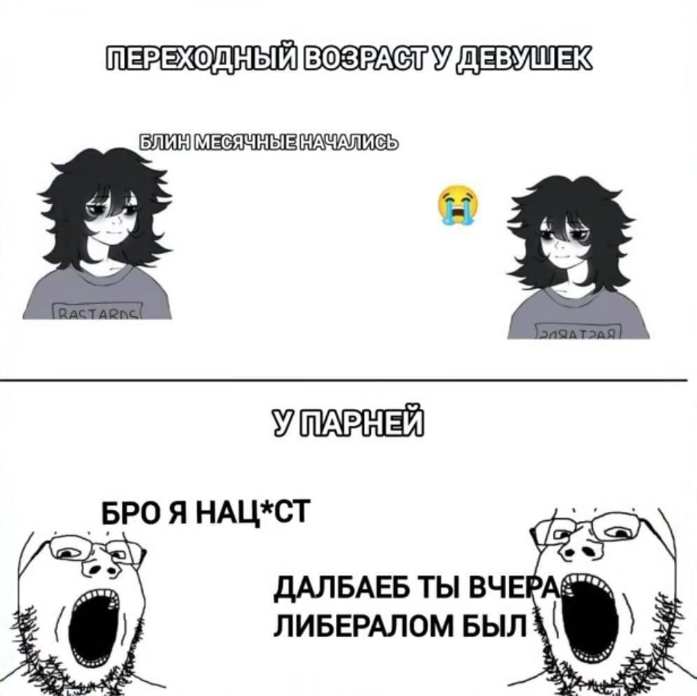ПЕРЕХОДНЫЙ ВОЗРАСТ У ДЕВУШЕК
БЛИН МЕСЯЧНЫЕ НАЧАЛИСЬ

У ПАРНЕЙ
БРО Я НАЦ*СТ
ДАЛБАЕБ ТЫ ВЧЕРА ЛИБЕРАЛОМ БЫЛ