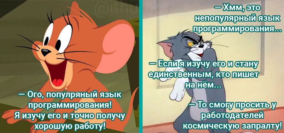 — Ого, популярный язык программирования! Я изучу его и точно получу хорошую работу!
— Хм, это непопулярный язык программирования...
— Если я изучу его и стану единственным, кто пишет на нём...
— То смогу попросить у работодателей космическую зарплату!