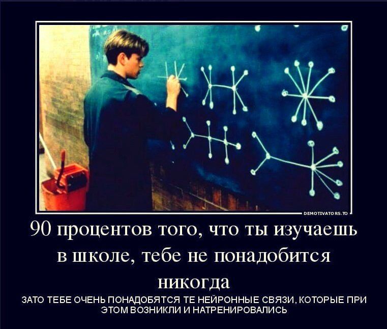 90 процентов того, что ты изучаешь в школе, тебе не понадобится никогда. Зато тебе очень понадобятся те нейронные связи, которые при этом возникли и натренировались.