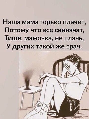 Наша мама горько плачет, Потому что все свинячат, Тише, мамочка, не плач, У других такой же срач.