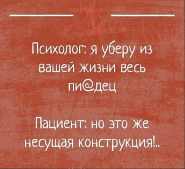Психолог: я уберу из вашей жизни весь пи@дец
Пациент: но это же несущая конструкция!..
