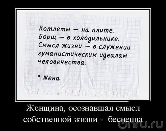 Котлеты — на плите.
Борщ — в холодильнике.
Смысл жизни — в служении гуманистическим идеалам человечества.

* Жена

Женщина, осознававшая смысл собственной жизни - бесценна.